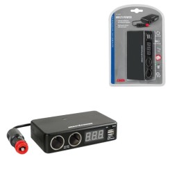 enchufe mechero multivoltaje con 2 tomas, 2 puertos usb y voltímetro digital