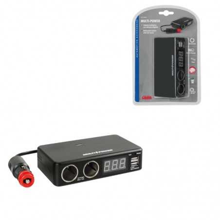LAMPA Multivoltage cigarette lighter plug with 2 sockets, 2 ports and digital voltmeter USB 12/24V 36V LAM38925