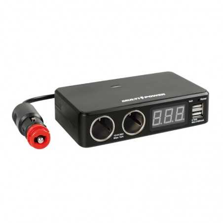 LAMPA Multivoltage cigarette lighter plug with 2 sockets, 2 ports and digital voltmeter USB 12/24V 36V LAM38925