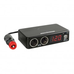 LAMPA Multivoltage cigarette lighter plug with 2 sockets, 2 ports and digital voltmeter USB 12/24V 36V LAM38925