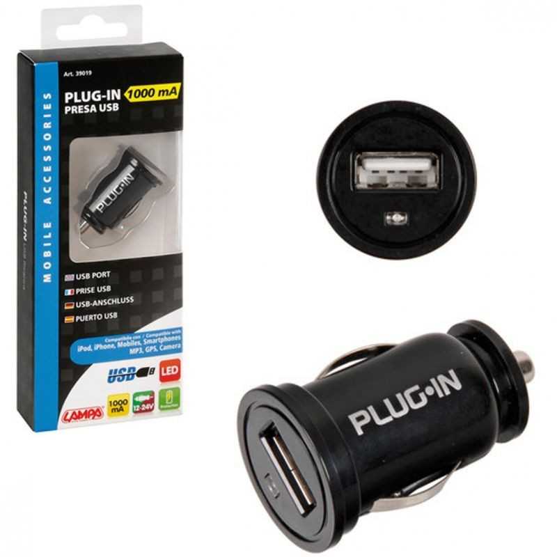 LAMPA Cigarette lighter plug 1 port indicator light USB LED PLUG-IN 1000MA 12/24V LAM39019