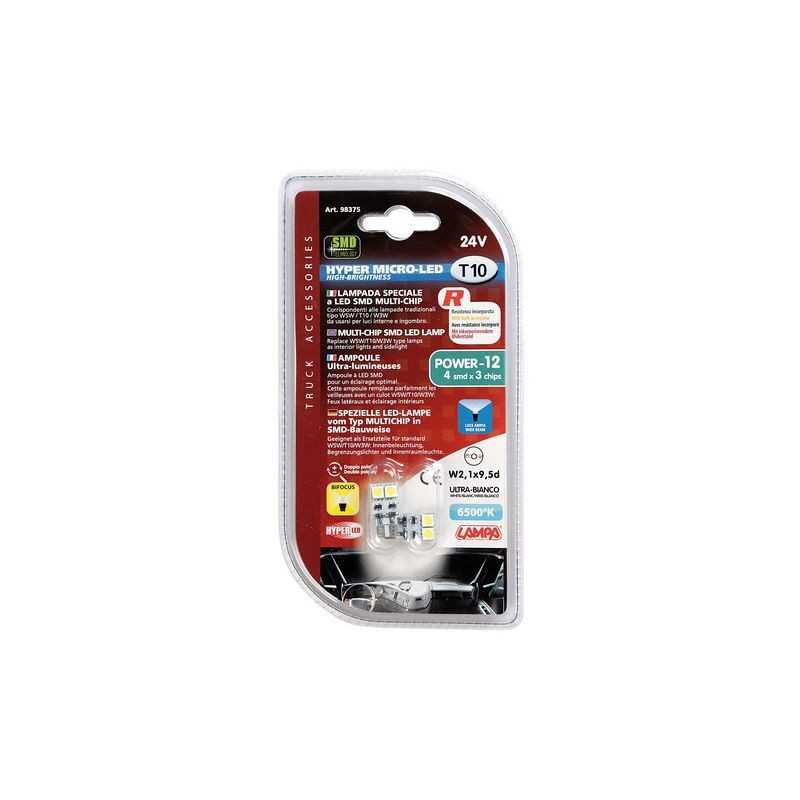 LAMPA Blister 2 lámparas bombillas T10 HYPER LED 24V 4SMD 3 CHIP W2 1X9 5D LAM98375