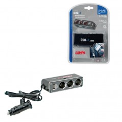 LAMPA Adaptador enchufe mechero 3 tomas 1 puerto USB DUO-4 12/24V LAM39048
