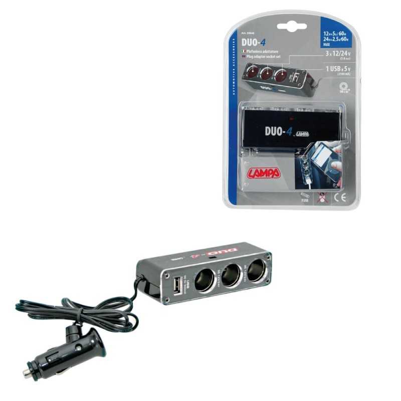 LAMPA Adaptador enchufe mechero 3 tomas 1 puerto USB DUO-4 12/24V LAM39048