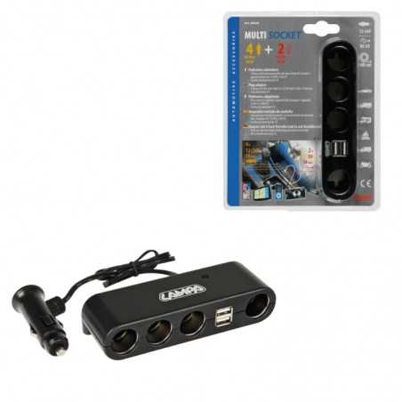LAMPA Cigarette lighter plug 4 sockets + 2 ports USB 1A 60 CM 5A 12/24V LAM39024