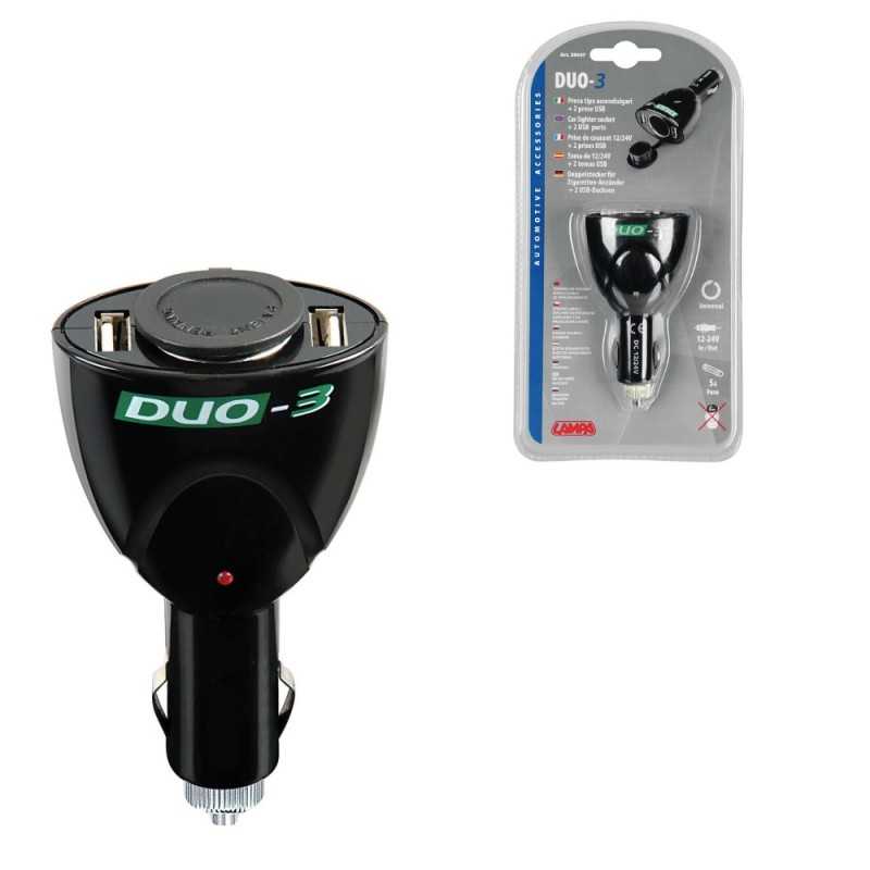 LAMPA Cigarette lighter plug 1 outlet + 2 ports DUO3 STANDARD USB 12/24V 60 CM LAM39047