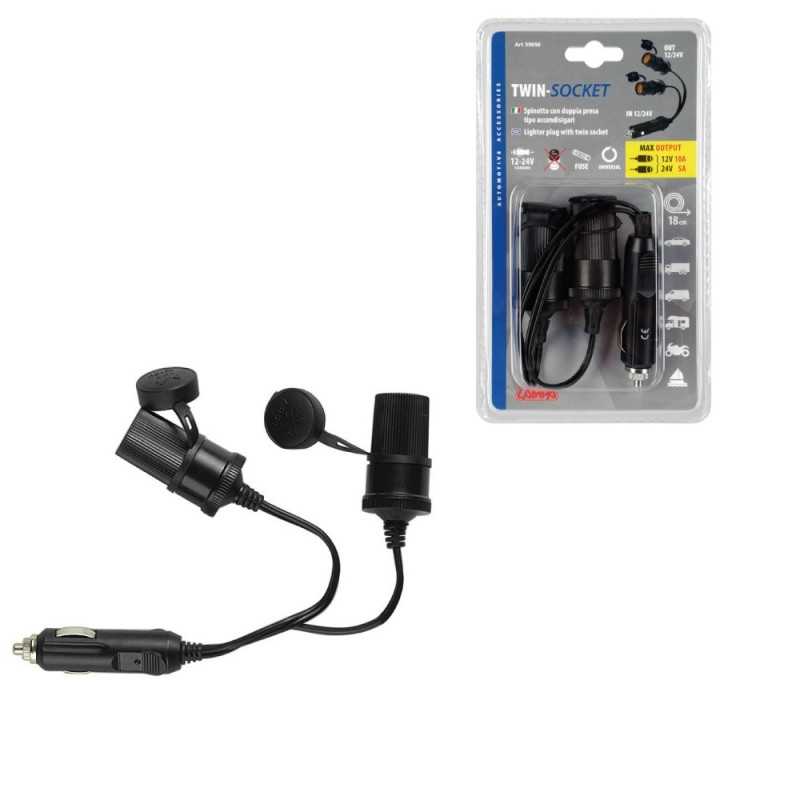 LAMPA Cigarette lighter plug 2 sockets with cover 18 CM 12/24V LAM39056