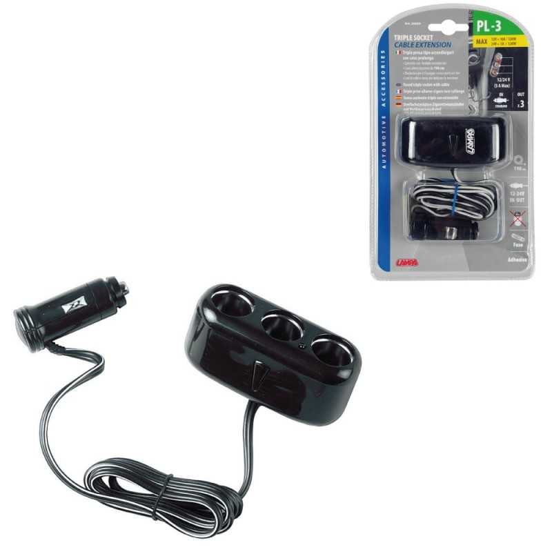 LAMPA Cigarette lighter plug 3 sockets PL3 2 M 10A 12/24V LAM39059
