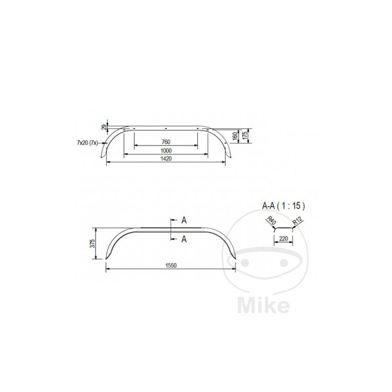 Guardabarros de acero para remolque H375 B220 S1550 338.03.34