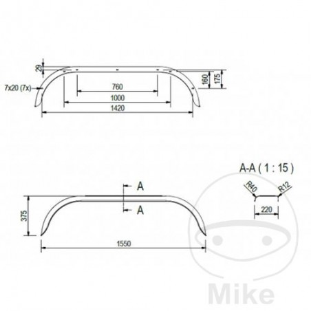 Guardabarros de acero para remolque H375 B220 S1550 338.03.34