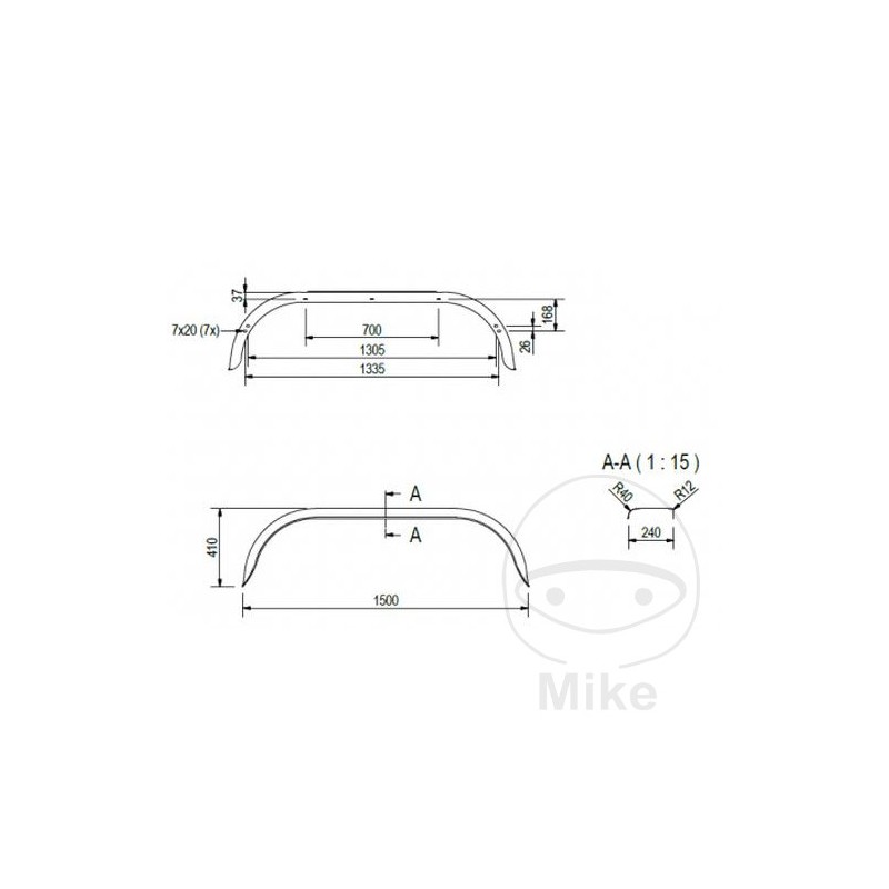 Guardabarros de acero para remolque H410 B260 S1500 338.03.59