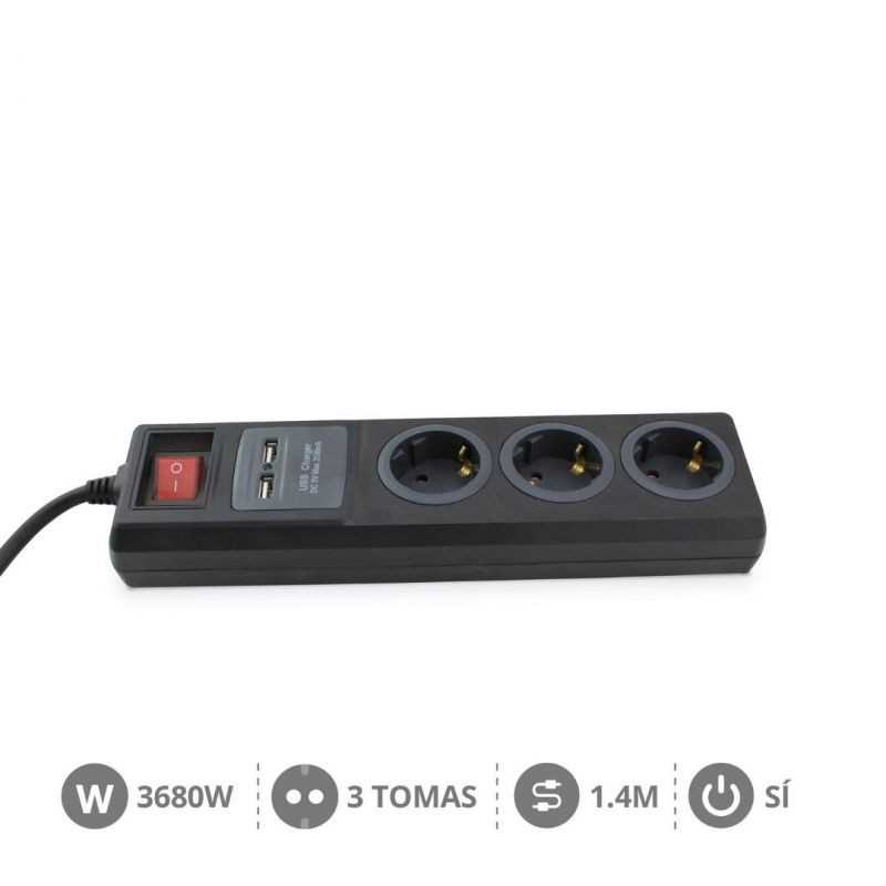 FASEBA Regleta 3 enchufes con interruptor + 2 puertos usb (3X1.5 MM) 1,4 M 400006