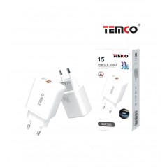 TEMCO Cargador de red con 2 puertos carga rapida USB (A 18W+C 30W) 3A 220/240V 22072