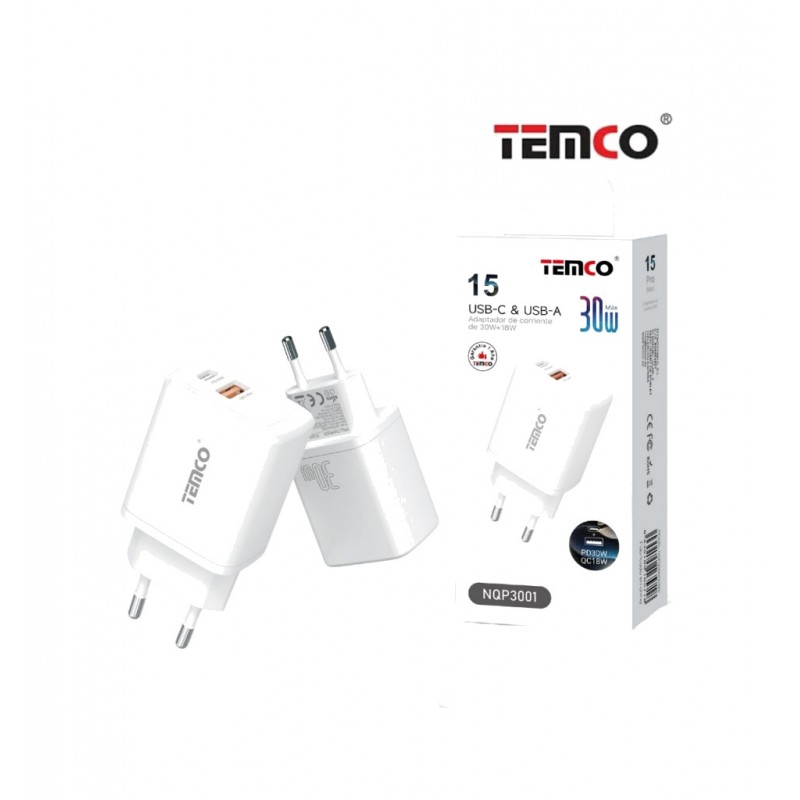 TEMCO Mains charger with 2 fast charging ports USB (A 18W+C 30W) 3A 220/240V 22072