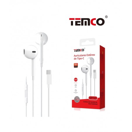TEMCO Auriculares con micrófono y cable TIPO C 1,2M 22074