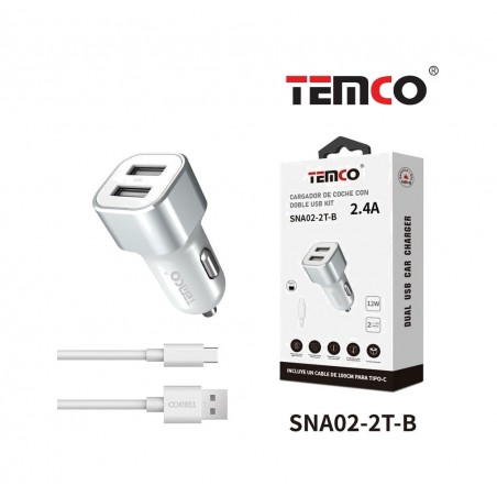TEMCO Cargador doble con cable USB 12/24 2,4A A TIPO C 1M 2A 22084