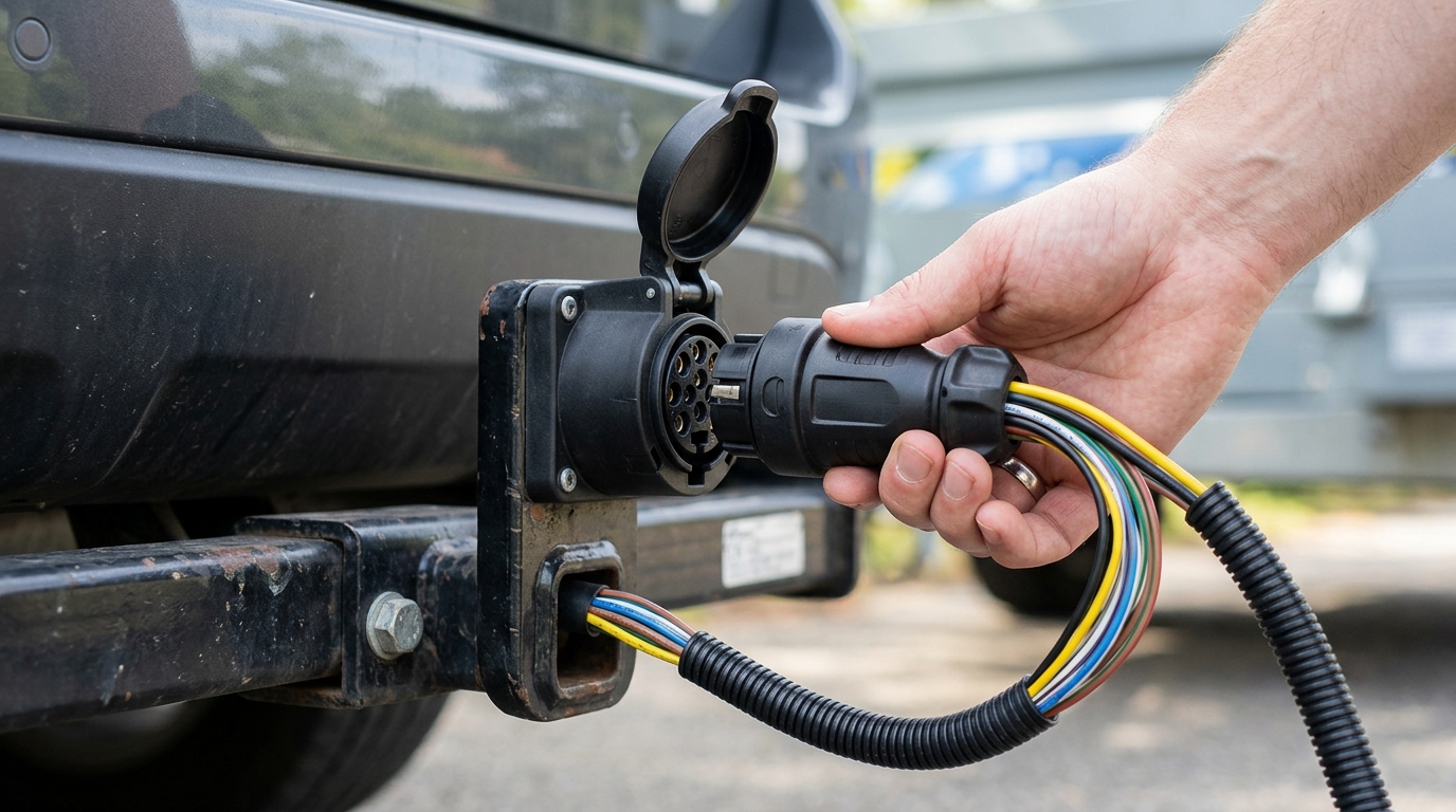 Mano conectando enchufe trailer 13 pines Jaeger ISO 11446 a coche bola arrastre detalle cableado amarillo negro día