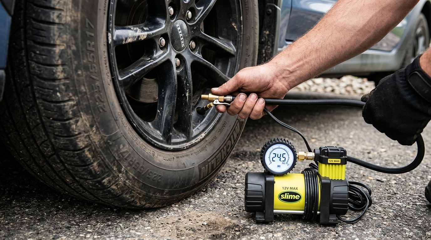 Mano inflando rueda coche con compresor portátil 12 V conectado al mechero coche manómetro analógico Schrader válvula primer plano