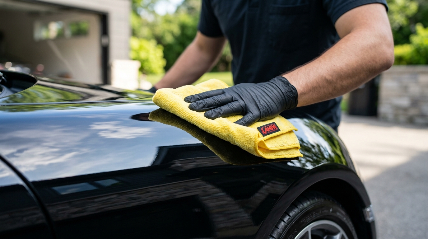Mano aplicando cera con microfibra LAMPA amarilla en pintura coche brillo reflejo aplicación detailing día sol detalle