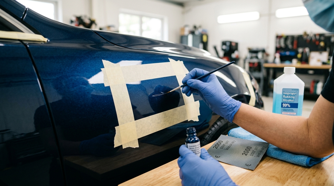 Aplicación touch-up pincel sobre arañazo lateral coche con cinta de carrocero alrededor pintura color carrocería taller iluminación natural