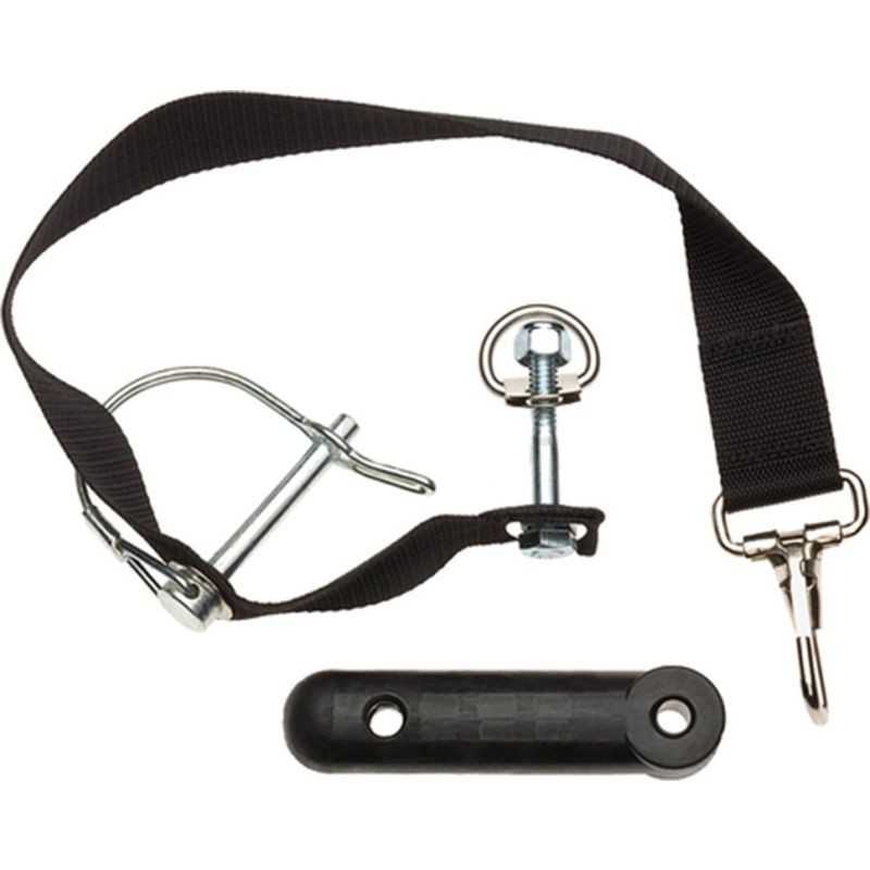 Safety pin and strap for round trailer hitch