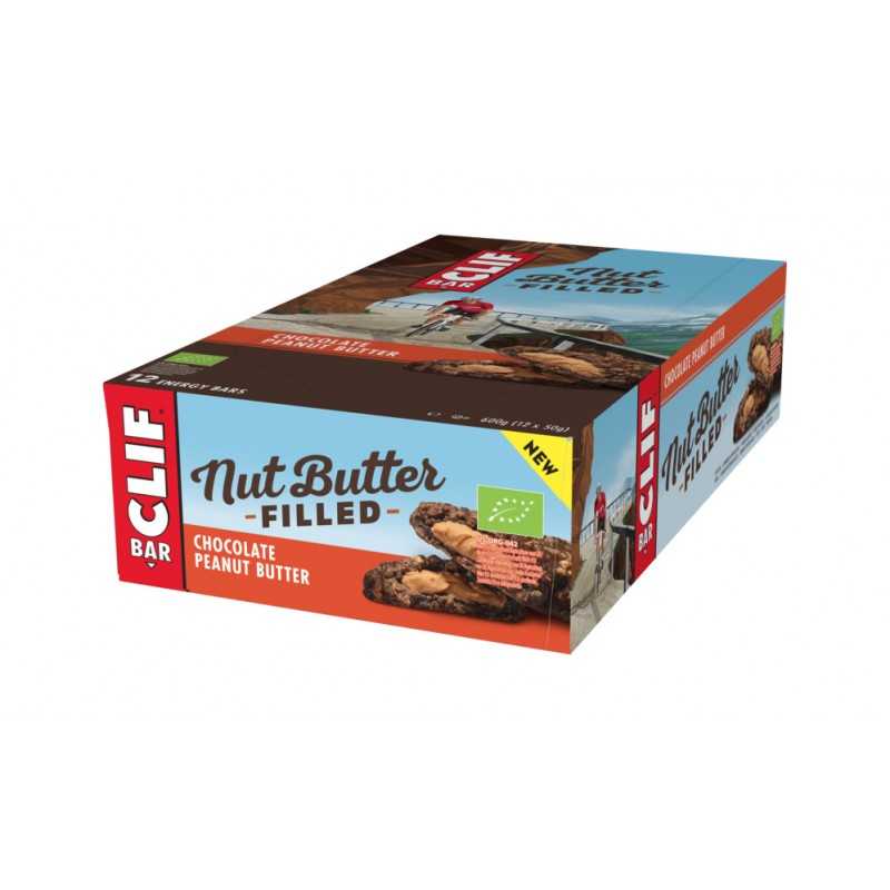 Bio chocolate energetic bar filled with peanut butter