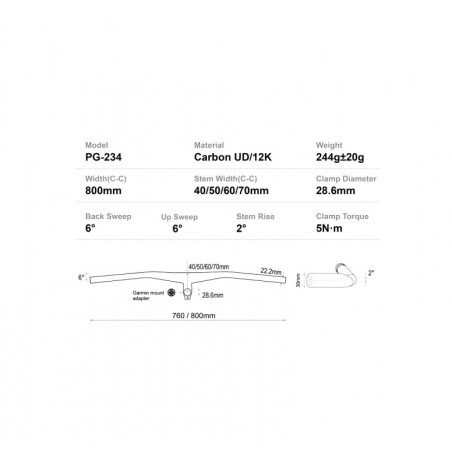 PROGRESS BICYCLE HANDLEBAR PG-234 COCKPIT 2º CARBON MTB 760 MM 50 PGMAMTB234BNG50