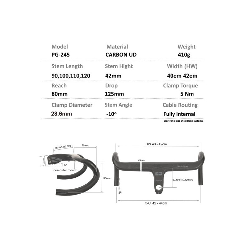 PROGRESS INTEGRATED POWER HANDLEBAR PG-245 42CM COCKPIT INTEGRADO CARBON ROAD PGMARO245NG100