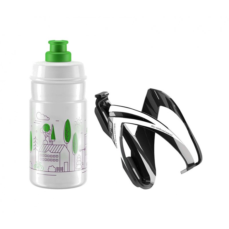 ELITE Kit de portabidón y bidón CEO NEGRO BRILLO/BLANCO/BIDON JET TRANSPARENTE/VERDE 350 ML 726466