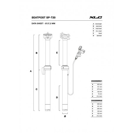 XLC Telescopic bicycle seatpost SP-T20 27.2 400 MM 100 2502069932