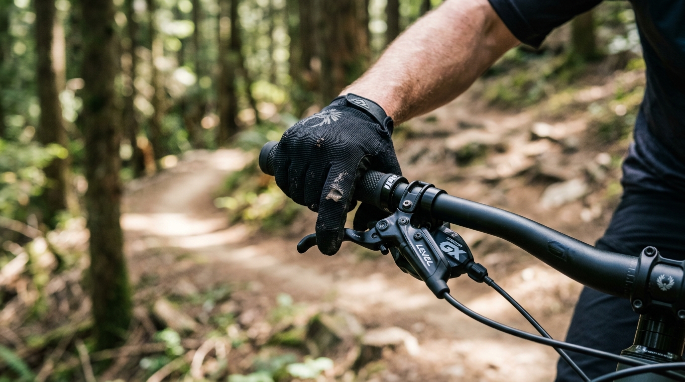 Mano ciclista accionando shifter SRAM Eagle trigger en manillar plano negro guantes detalle freno disco lever visible MTB