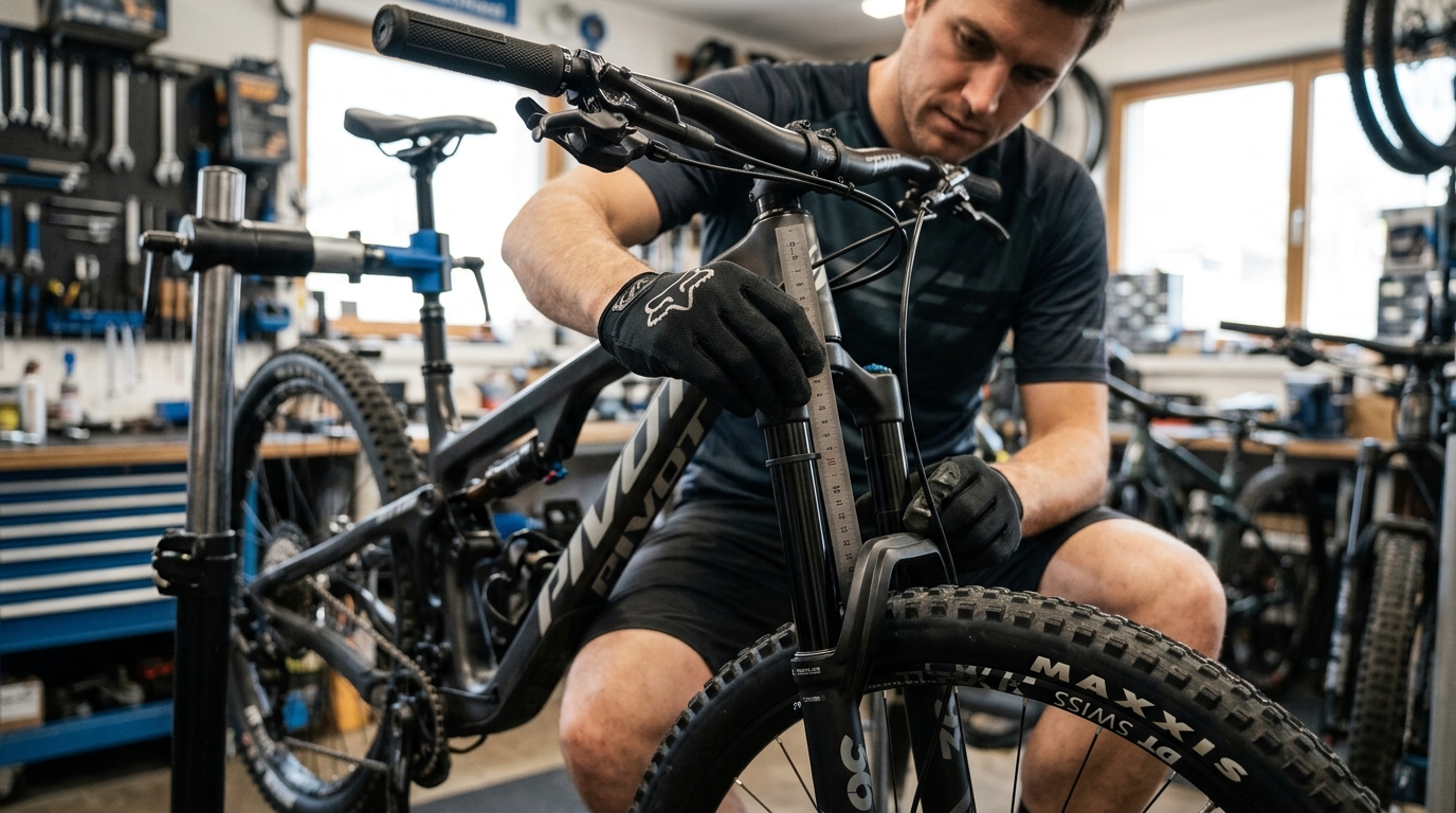 Ciclista midiendo sag horquilla MTB con junta tórica desplazada y regla milimétrica taller bici trail Rock Shox SID iluminación natural