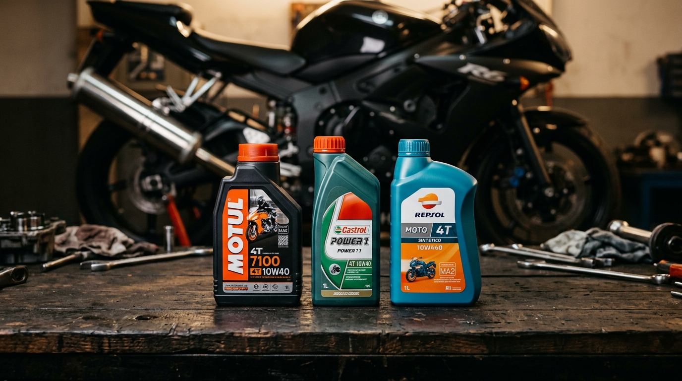 Tres botellas de aceite moto 4T (Motul 7100, Liqui Moly Motorbike, Motul 5100) alineadas con etiqueta JASO MA2 destacada