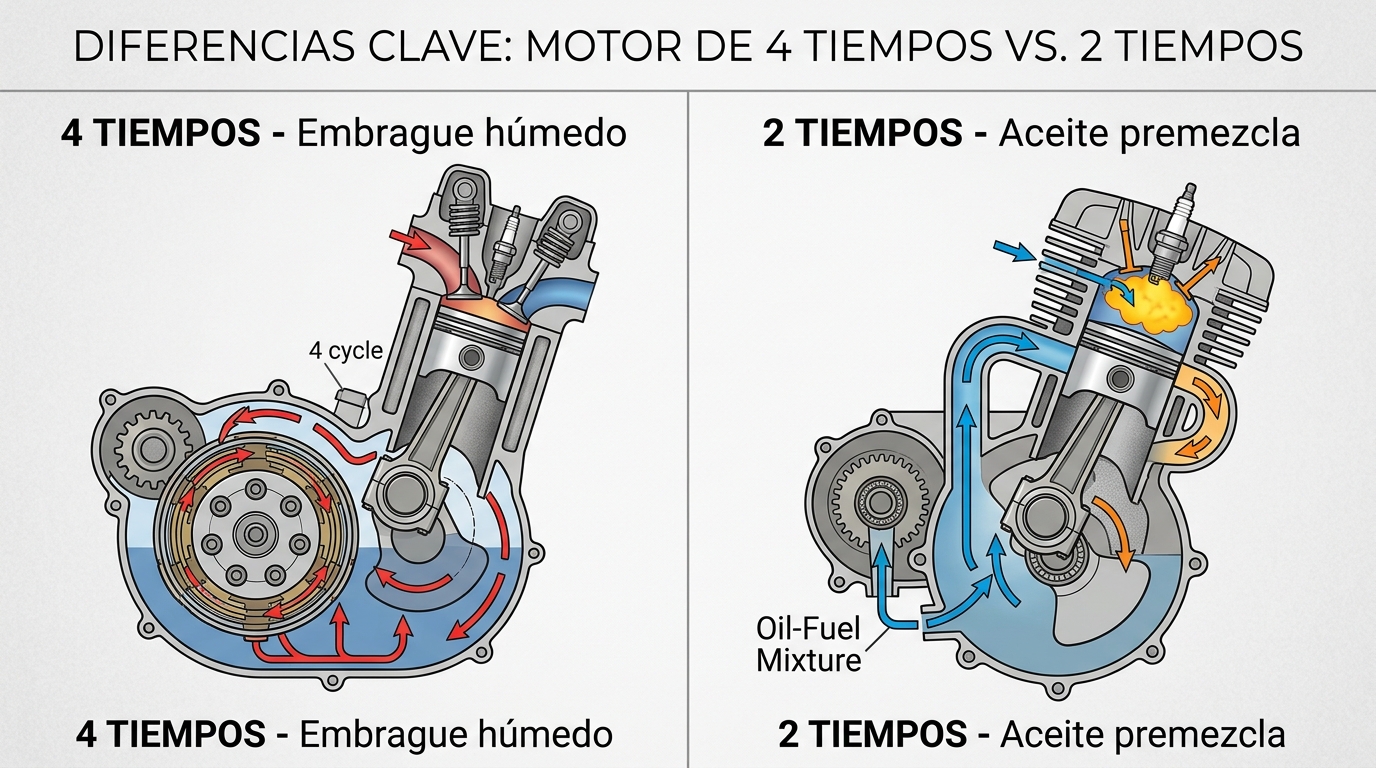 Diagrama comparativo motor 4 tiempos con embrague húmedo vs motor 2 tiempos con aceite premezcla