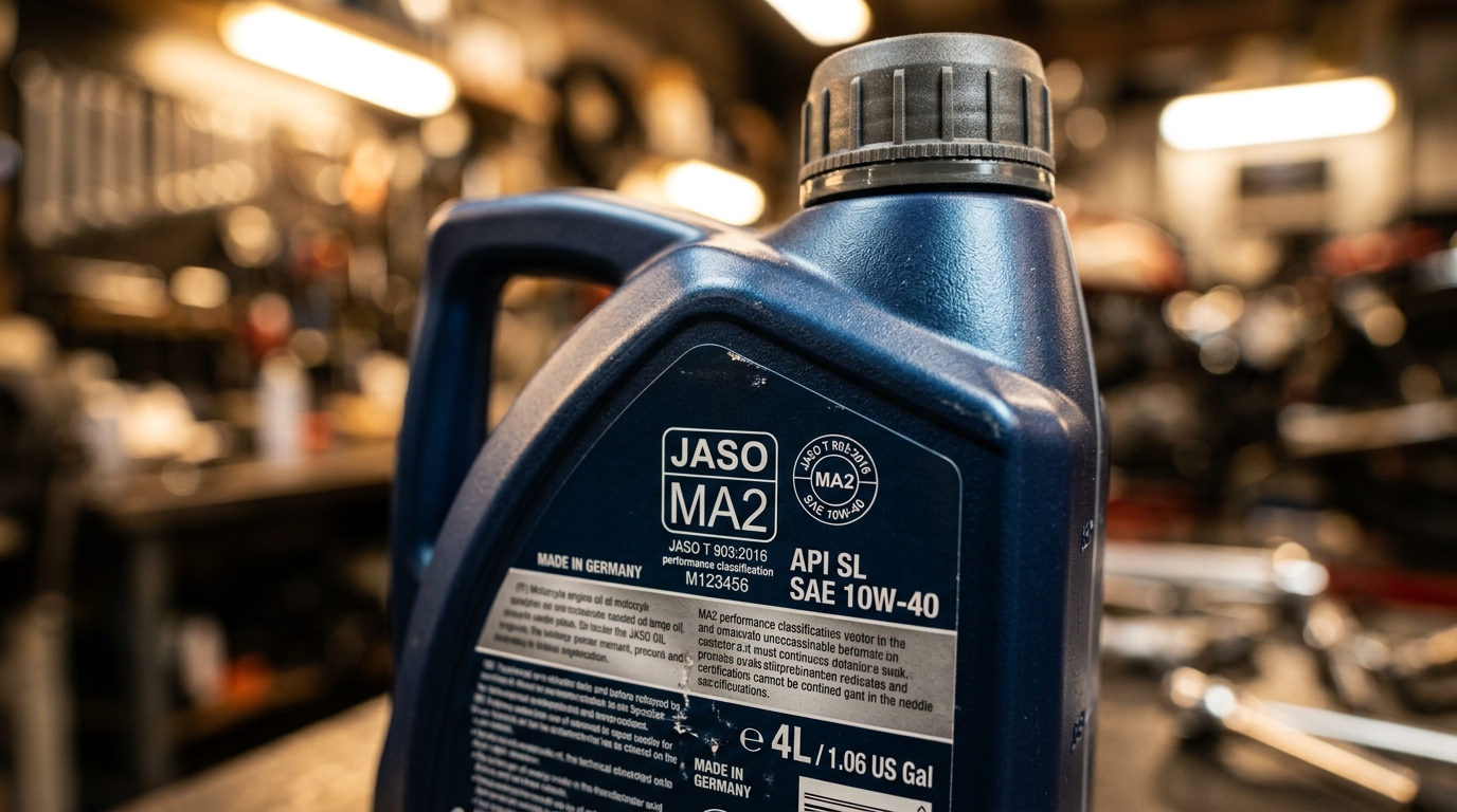 Detalle macro de etiqueta de aceite moto mostrando especificación JASO MA2 + API SL + SAE 10W-40
