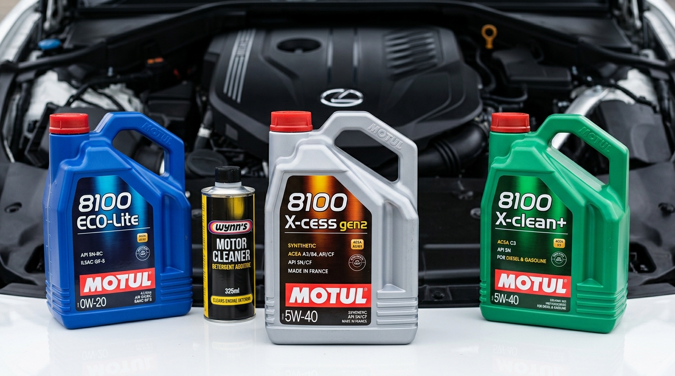 Cuatro botellas de aceite motor coche premium (Motul 8100 X-Cess, Motul 8100 X-Clean+, Motul 8100 ECO-Lite y aditivo Wynns Detergente) con motor moderno detrás