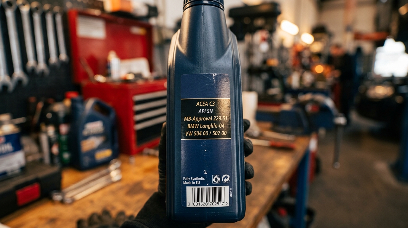 Macro de etiqueta aceite motor mostrando especificaciones ACEA C3, API SN, MB 229.51, BMW LL-04, VW 504 00