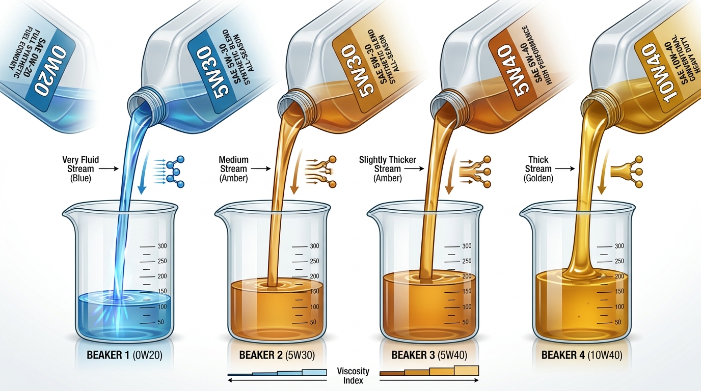 Comparativa visual de viscosidades aceite motor: 0W20, 5W30, 5W40 y 10W40 vertiendo en vasos de laboratorio