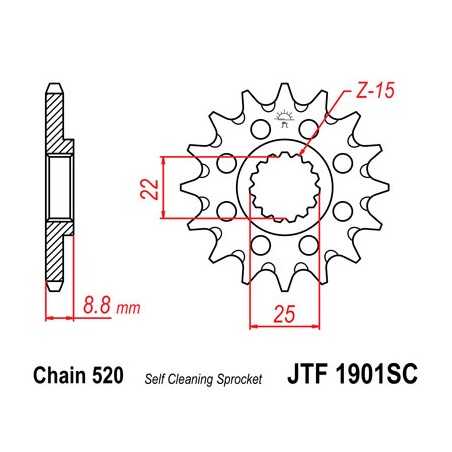 JT SPROCKETS Piñón de ataque para transmisión delantera motocicletas 520-1901 acero alta calidad F1901SC