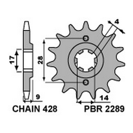 PBR Piñon para cadena de acero 428 STANDARD 2289 4080000613VAR