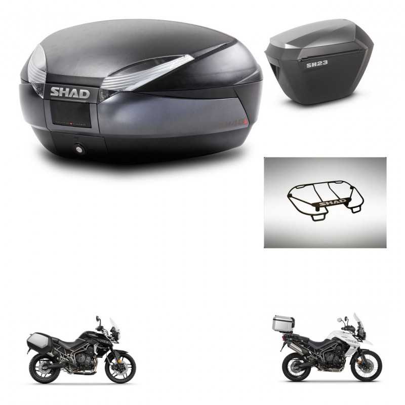 SHAD Maletas laterales + baul trasero parrilla portabultos superior herraje montaje 3p SH48 DARK GREY PREMIUM SH23 ALU KIT-27169