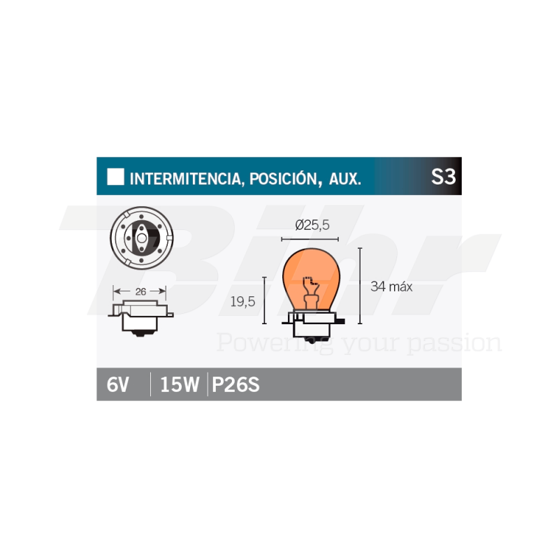 V PARTS Lámpara bombilla ambar r 6V15W P26S para motocicletas y vehículos no homologados - 14675