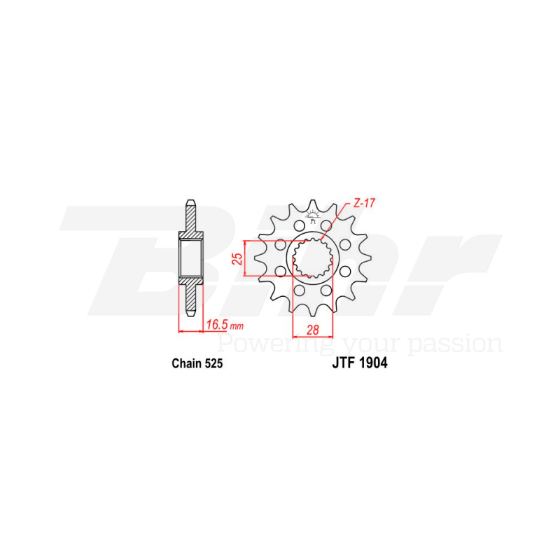 JT SPROCKETS Piñón con goma 1904 de acero 16 dientes F190416RB