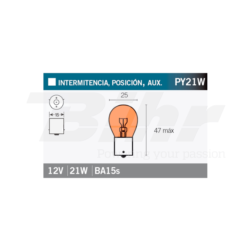 V PARTS Lámpara bombilla ambar 12V21W homologada CE para motocicletas y vehículos 14663
