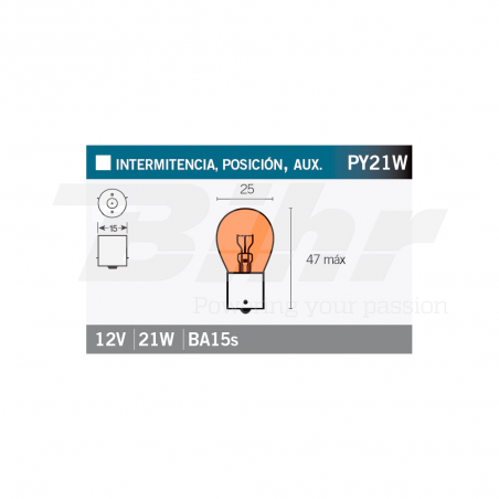 V PARTS LAMP, LIGHT BULB, AMBER 12V21W 14663