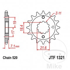 JT SPROCKETS Fine gear transmission pinion 13T P-520 Ø18.4/21.6MM 726.41.95
