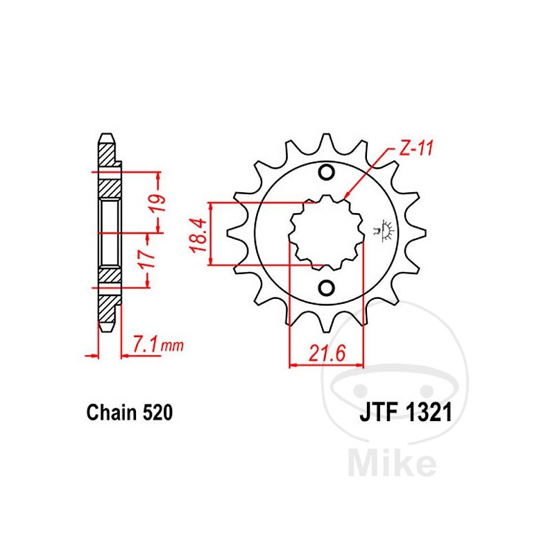 JT SPROCKETS Fine gear transmission pinion 13T P-520 Ø18.4/21.6MM 726.41.95