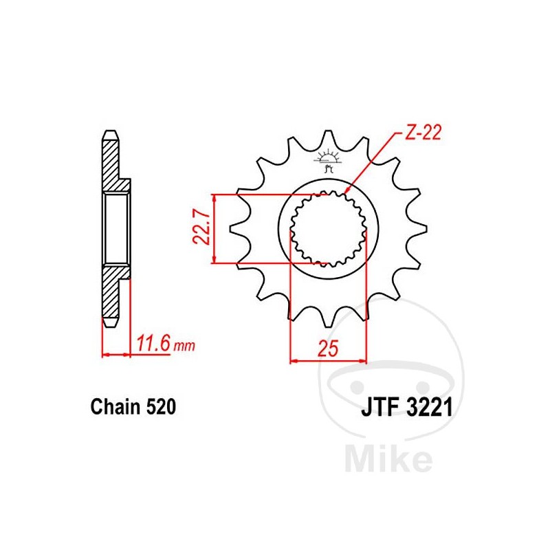 JT SPROCKETS Piñón transmisión engranaje fino 13T P-520 Ø22.7/25MM 726.10.50