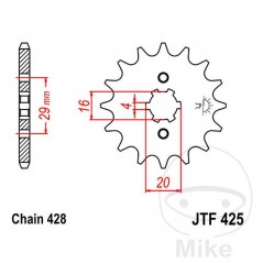 JT SPROCKETS Piñón transmisión engranaje grueso 12T P-428 4 Ø16/20MM 726.01.88