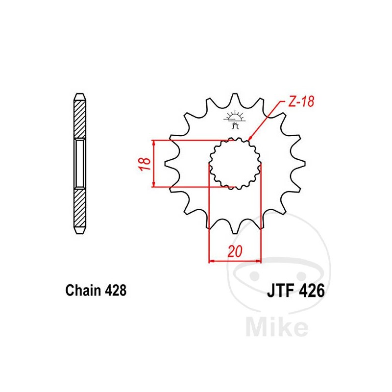 JT SPROCKETS Fine gear transmission pinion 14T P-428 Ø18/20MM 726.15.30